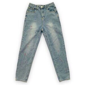 90s Style High Waisted Jeans 2 Blue Light Wash Denim Paint Splatter Taper Retro